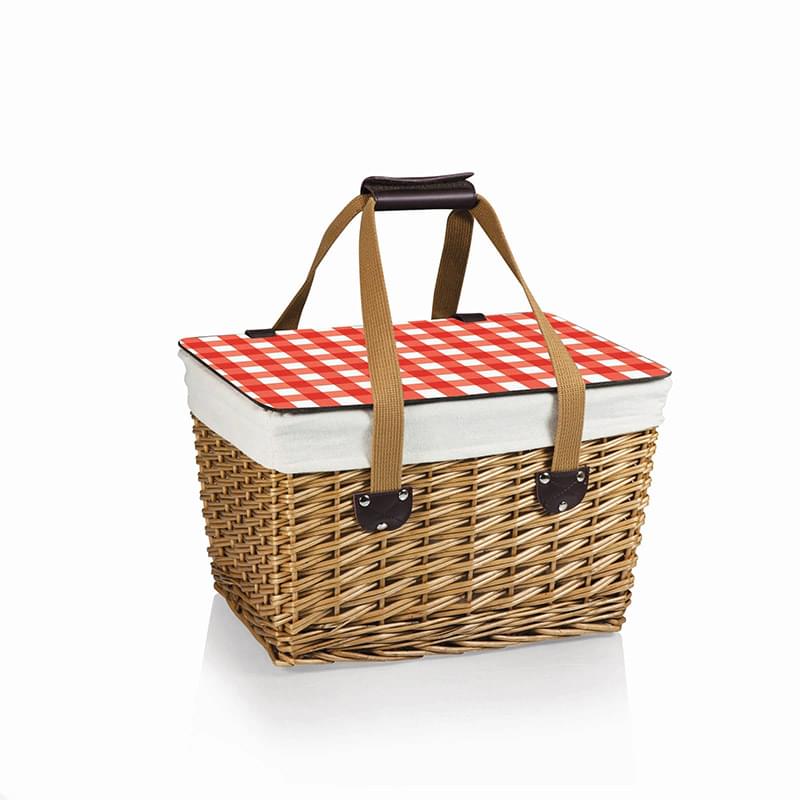 Canasta Willow Basket w/Removable Lid and Double Handles-red and white check lid