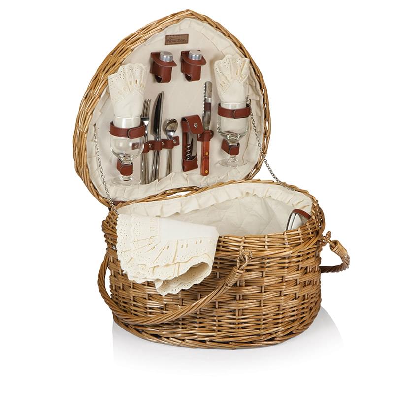 Heart Picnic Basket - Willow Basket w/Deluxe Picnic Service For 2
