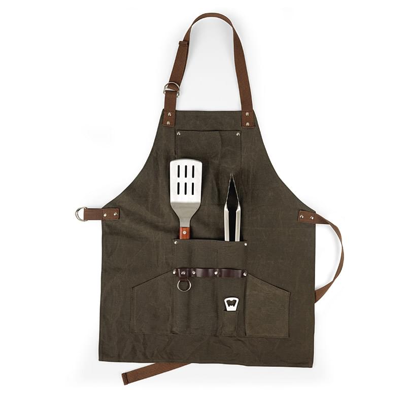 Waxed Canvas BBQ Grill Apron with tools and bottle opener